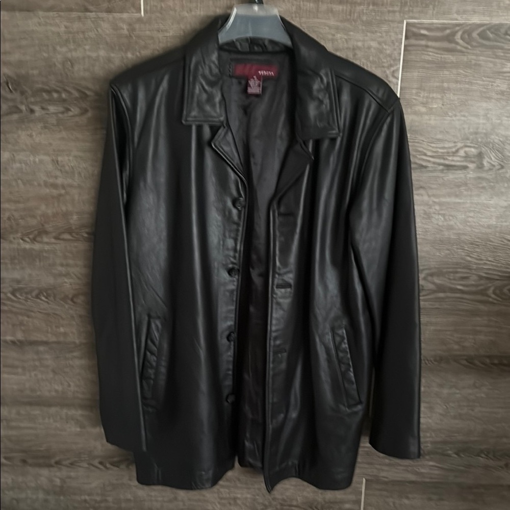 Merona Black Leather Coat with Classic Blazer Style EUC